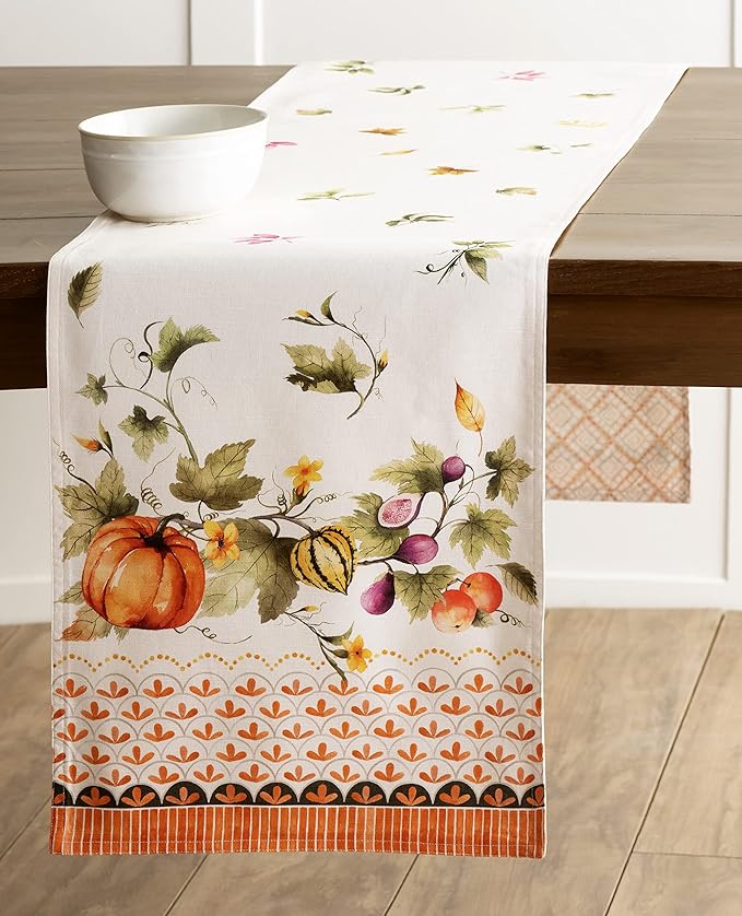 Maison d' Hermine Table Runner 100% Cotton Double Layer Table Runners 108 inches Long for Thanksgiving Christmas Decorations Home Kitchen Dining Wedding (Pumpkin Garden - Cloudy Cream, 14.5" x 108")
