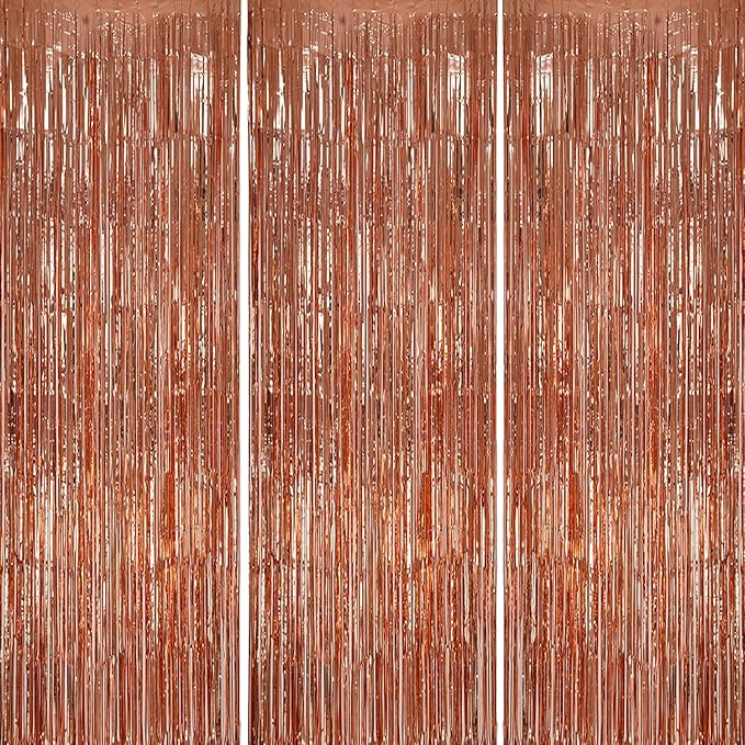 3 Pack Foil Fringe Backdrop - Rose Gold Shiny Tinsel Curtains for Party Decoration/Photo Booth Props - 3.3x8.2 FT Metallic Foil Backdrop for Birthday, Wedding, Graduation, Christmas.