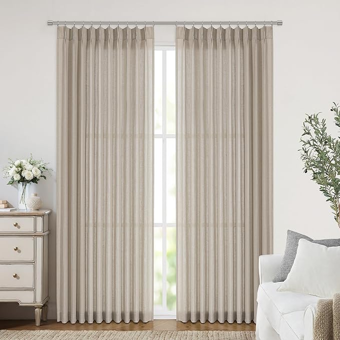 Vision Home Sand Pinch Pleated Semi Sheer Curtains Textured Linen Blended Light Filtering Window Curtains 95 inch for Living Room Bedroom Patio Pinch Pleat Drapes with Hooks 1 Panel 60" Wx95 L