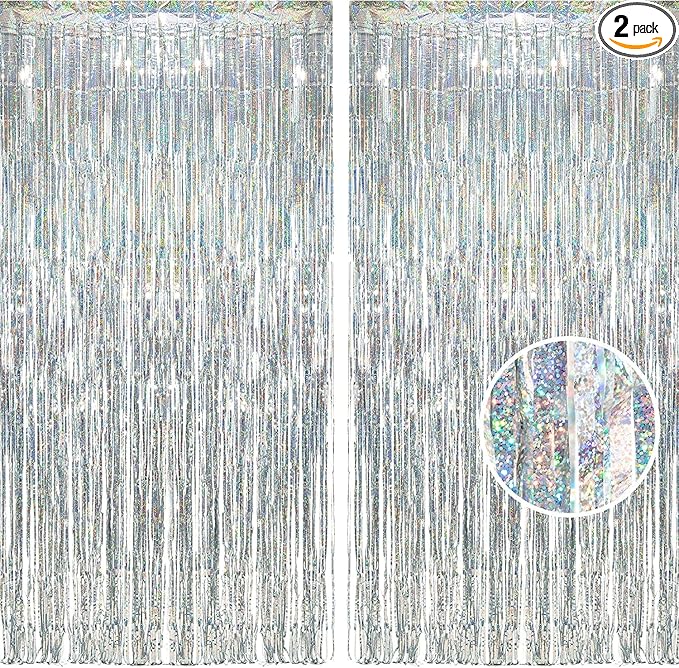 BRAVESHINE Silver Streamers Party Backdrop Decorations - 2Pcs 3.2x8.2ft Tinsel Foil Fringe Curtain Backdrop for Christmas/New Years/Birthdays/Bachelorette/Anniversary/Engagement/Dancing Ball Decor