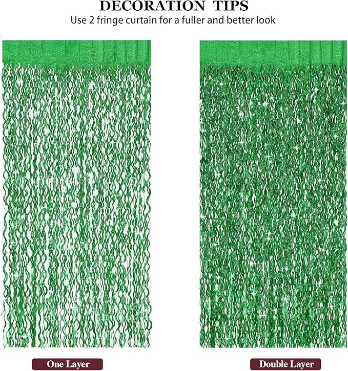 Green Foil Backdrop Curtain - CYLMFC 3 Pack 3.3 ft x 6.6 ft Birthday Streamers Party Curtains Decorations Backdrop Xmas Graduation Decor