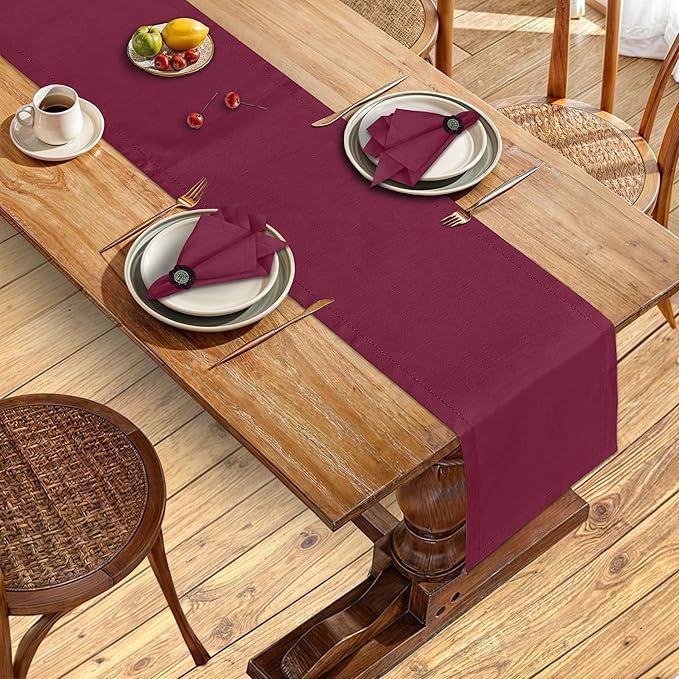 Ruvanti Linen Table Runner 90 Inches, Classic Hemstitch, Washable, Reusable, Non-Slipping, Stain Resistant- Perfect for Parties, Weddings, Dinners, Thanksgiving, Christmas, Indoor use – Burgundy