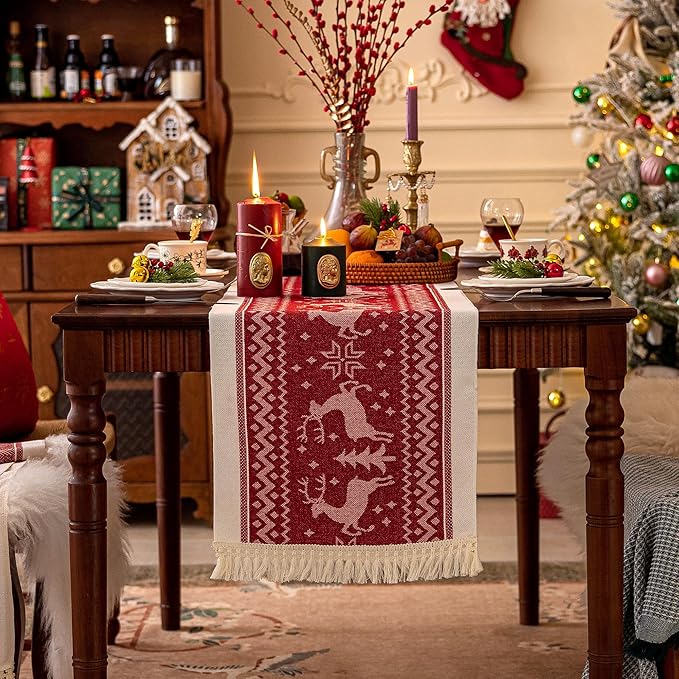 Table Runners 72 Inches,Elk Table Runner with Tassel Fringe,Christmas Table Runner for Party，Coffee Table, Festival