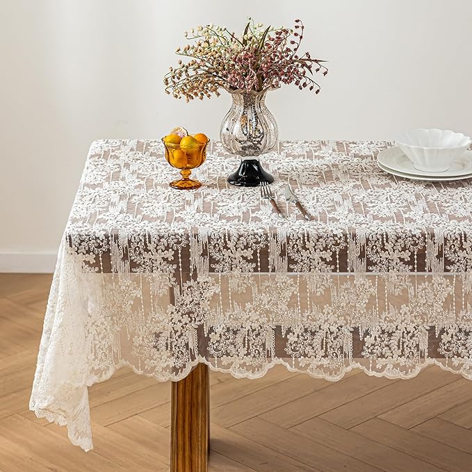 Lace Embroidered Tablecloth. Rectangle Lace Vintage Tablecloth Dustproof Table Protector for Kitchen Dining Room Party Banquet Home Picnic Wedding Decoration (Creamy White 70.5×53 inch)