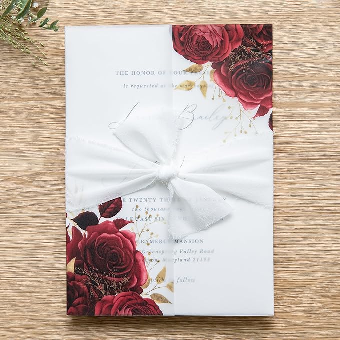 PONATIA 50 Pieces Vellum Jackets for 5x7 Invitation Cards - Red Flowers Printed Vellum Sleeves, Quinceanera Wedding Invitation Cards Wraps, Transparent Christmas Gift Cards Jackets