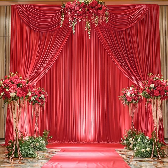 60ftx12ft Wrinkle Free Red Backdrop Curtain, 12 Panels 12FT Height Red Wedding Backdrop Drapes, Silky Polyester Back Drop Cloth for Birthday Photography Background Party Backdrop Draping