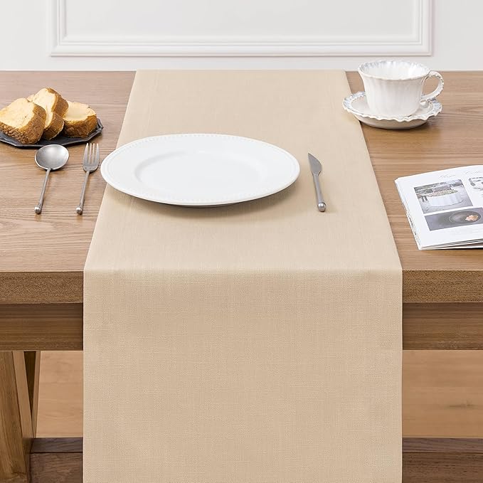 ZeeMart Linen Textured Border Table Runner, 14 x 48 Inch Oatmeal, Farmhouse Style Beige Table Runners 48 Inches Long, Easy Care Everyday Polyester Table Runner