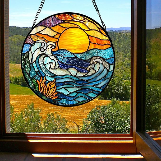 Stained Glass Window Hanging, Orange Sun Blue Sea Waves Landscape Suncatcher for Doors Window Home Sun Catchers Decor Mother's Day Birthday Gifts for Women, Men Mom 15 in