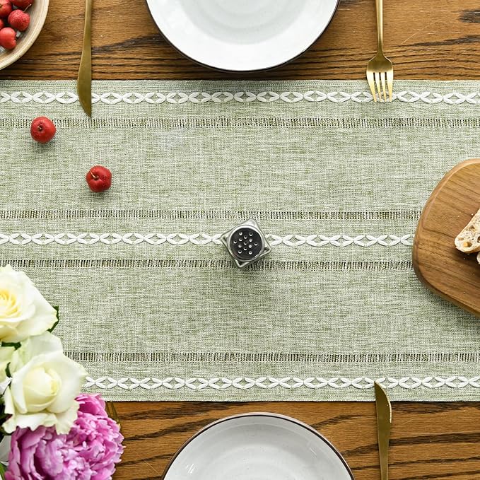 Artoid Mode Sage Green Rustic Cotton Linen Table Runner, Seasonal Embroidered Hollow Kitchen Dining Table Decoration for Home Party Decor 13x90 Inch