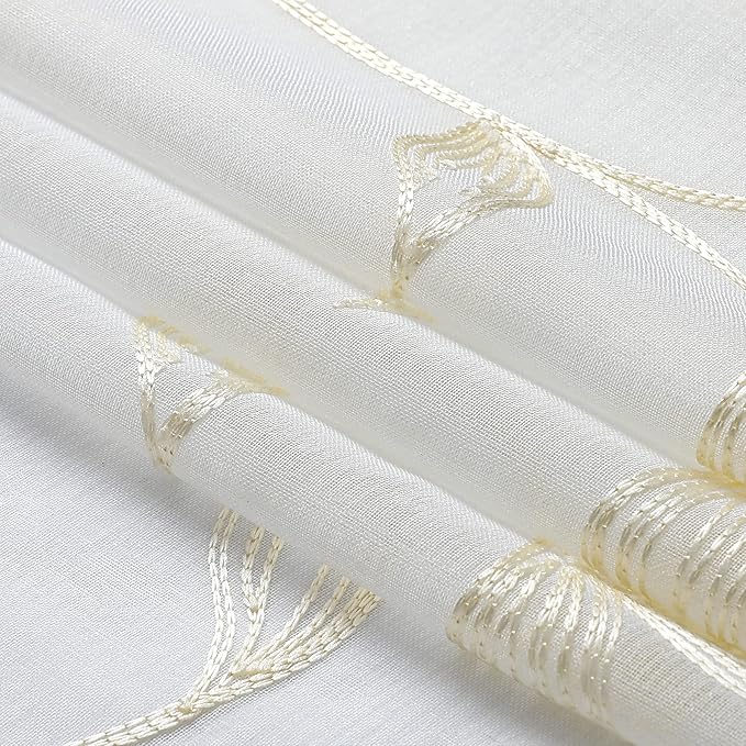 VISIONTEX White Sheer Voile Curtains, Decorative Leaves Embroidery Faux Linen Rod Pocket Window Drapes for Home Kitchen, Living Room and Bedroom 26 x 36 Inch, Set of 2 Curtain Panels