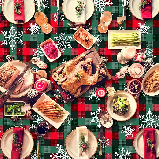 3Pcs Christmas Buffalo Plaid Snowflake Party Tablecloths Decorations,Plastic Red and Green Checkered Rectangle Table Cover for Winter Christmas New Year Birthday Holiday Party Decorations,54x108 inch