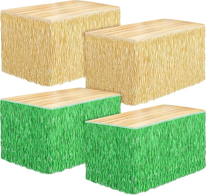 Fovths 4 Packs Luau Grass Table Skirt Fringe Straw Green Grass Skirt 108 x 30 Inch Hibiscus Hawaiian Table Skirts Rectangle Tropical Luau Party Decorations for Hawaiian Decorations