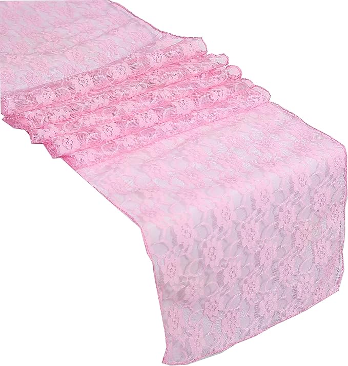 MDS Pack of 15 Wedding 12 x 108 inches Lace Table Runner for Wedding, Decorations for Birthday Parties, Banquets, Graduations, Engagements, and Runners fit Rectangle, Round Table- Pink