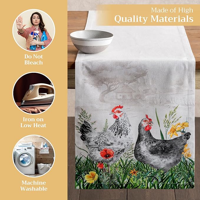Maison d' Hermine Table Runner 100% Cotton Single Layer Table Runners 108 inches Long Decorative for Home Kitchen Dining Party Wedding Bridal Shower Spring Summer (Basse Cour, 14.50" x 108")