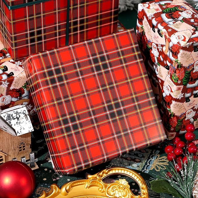 Ulmasinn Reversible Christmas Wrapping Paper Roll - 17" x33ft Double-Sided Designs with Santa and postcard & Plaid for Xmas Gift Wrap for Presents, Table Decor & Crafting