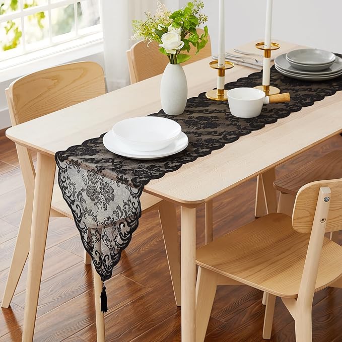 LinenZone Black Table Runner with 2 Tassels for Rustic Vintage Decor. Lace Table Runner Works Great As Wedding, Thanksgiving Or Christmas Decor. (Mia 14 x 96, Black)