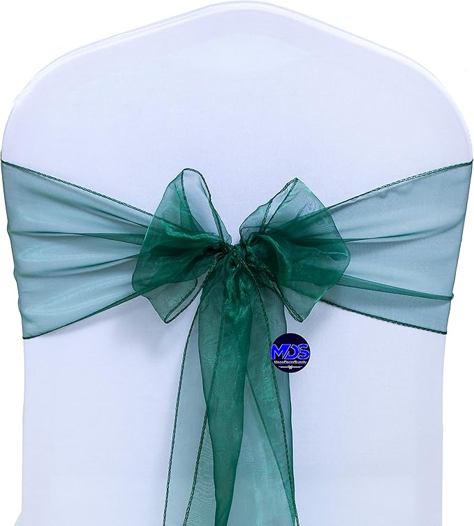 MDS Pack of 150 PCS Organza Chair Sashes Wider Dining Chair Bows Ribbon Tie Back for Wedding Party Birthday Bridal Shower Reception Event Banquet Home Chair Cover Decoration - Hunter Green