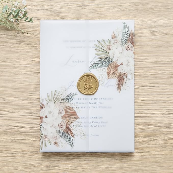 PONATIA 50PCS Vellum Jackets for 5x7 Invitation Cards- 135GSM Boho Flowers Vellum Sleeves Paper - Wedding Invitations Wraps - Transparent Card Jacket