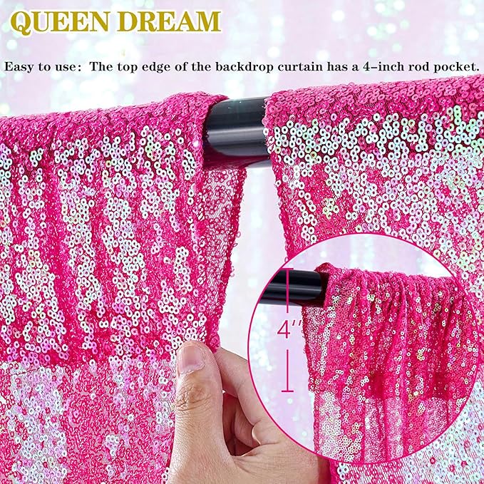 Sequin Backdrop Curtains Wedding Photo Backdrop Glitter Birthday Bridal Party Curtains Sparkle Background Drapes (Iridescent Hot Pink, 2 pcs-2ftx8ft)