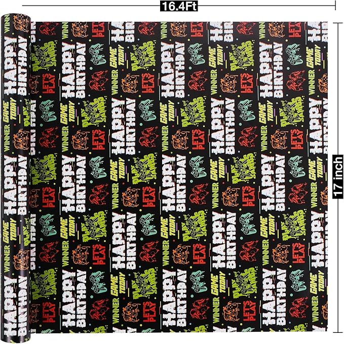 Aimyoo Gaming Birthday Wrapping Paper Roll - 17 Inch X 16.4 Feet - Black Happy Birthday Video Game Pattern Gift Wrap Paper for Boys Party, Baby Shower, Holiday