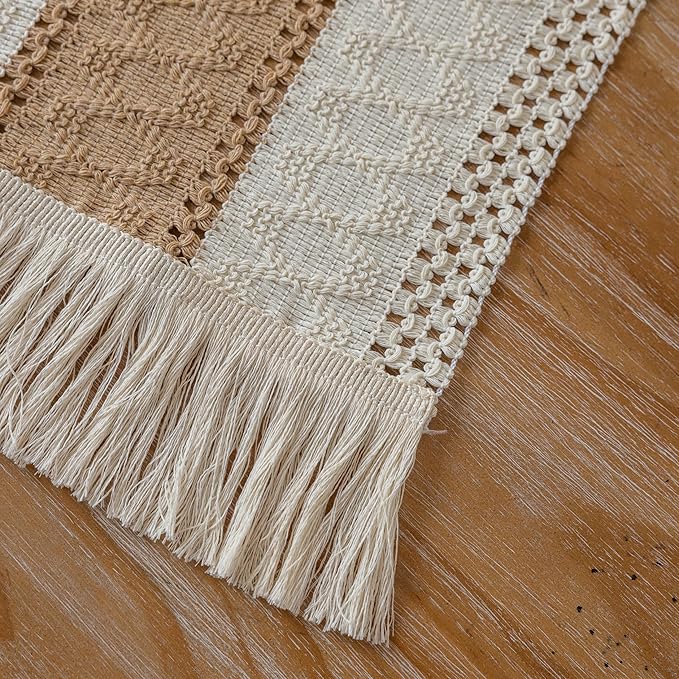 Boho Table Runner Cream Beige Brown for Home Decor 12x48 Inches Farmhouse Macrame Burlap Jute Rustic Dining Kitchen Centerpiece Bohemian Decor French Country Bridal Shower Decorations