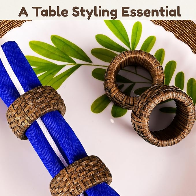 Decorative Cane Napkin Rings Set of 12 - Hand Woven Napkin Holders for Farmhouse, Rustic, Holiday, Wedding, Easter, Thanksgiving, Xmas, Boho & Fall Table Décor (Walnut) - CLEENTABLE
