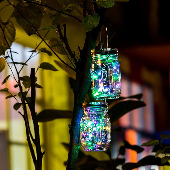 VOOKRY 6 Pack Solar Mason Jar Lights, 30 LED Mason Jar Lids Waterproof Firefly Fairy String Lights with 6 Hangers(No Jars), for Outdoor Patio Garden Yard Lawn Party Wedding Decoration - Multicolor