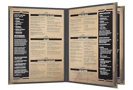 Goodsmart Pajco Style Restaurant Menu Covers – Pack of 10, Side-Loading Booklet Menu Holders, Single Stitched Edge, Clear Vinyl Menu Sleeves, Leatherette Trim, Gold Corners, Black, 4 View (8.5" x 11")