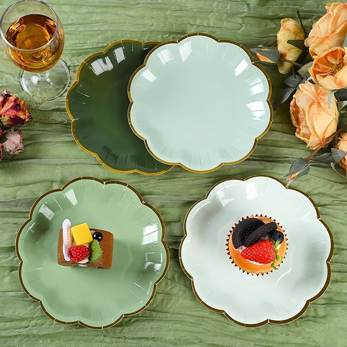 Sage Green Party Plates Gradient Green Dessert Paper Plates 7inch Gold Foil Scalloped Edge Disposable Cake Plates for Birthday Bridal Baby Shower Wedding Party Supplies (24)