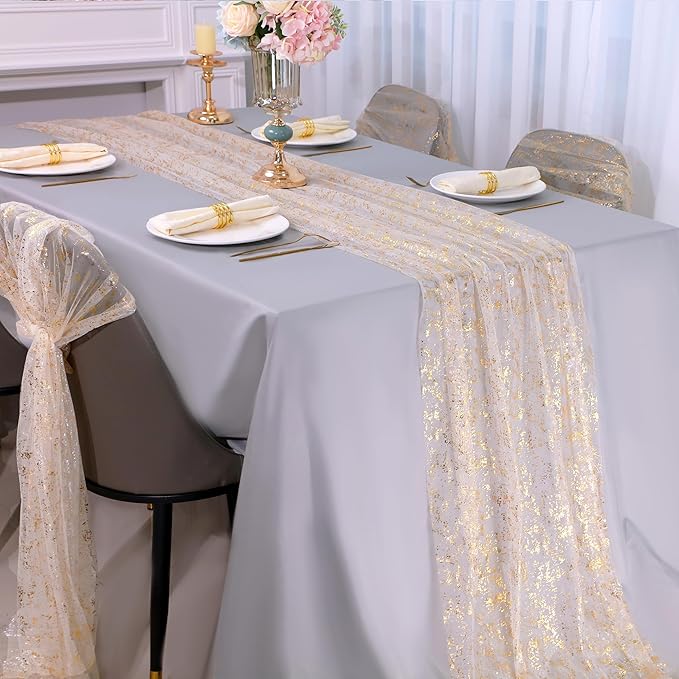 Snowkingdom 3Pcs 10 Ft Gold Table Runners, Sheer Chiffon Tulle Cheesecloth Wedding Runner, Golden Sequin Glitter Metallic Foil Party Table Decorations Centerpieces for Wedding Birthday Christmas