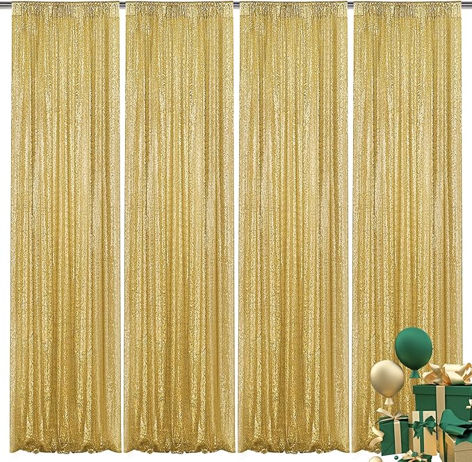 Gold Sequin Backdrop Curtain 4 Pieces 2FTx8FT Glitter Photography Backdrop for Party Wedding Birthday Christmas Decorations
