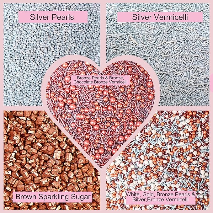 Confect-Rose Gold Edible Cake Sprinkles Mix – Pearl Dragees, Silver & Copper Jimmies, Bronze Sparkling Sugar – White, Rose Gold, Silver Glam Sprinkle Set for Cake Decorating, Baking & Cupcakes- Vegan, Gluten-Free, Nut-Free, Soy-Free, Dairy-Free, Palm O...