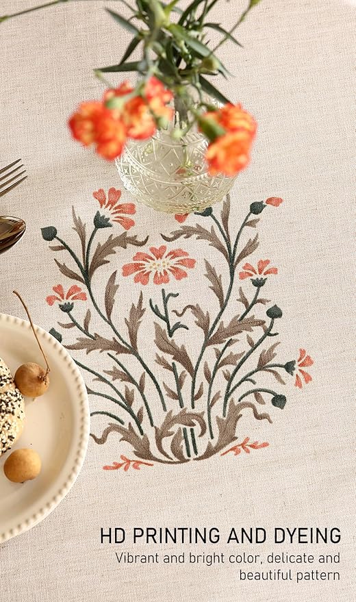 ISAENNE Floral Tablecloth for Round Tables,Linen Table Cloth with Double-Edged Lily Pattern,Heavy Durable Table Cover for Dining Thanksgiving Kitchen Decor Party Christmas,Diameter 55"