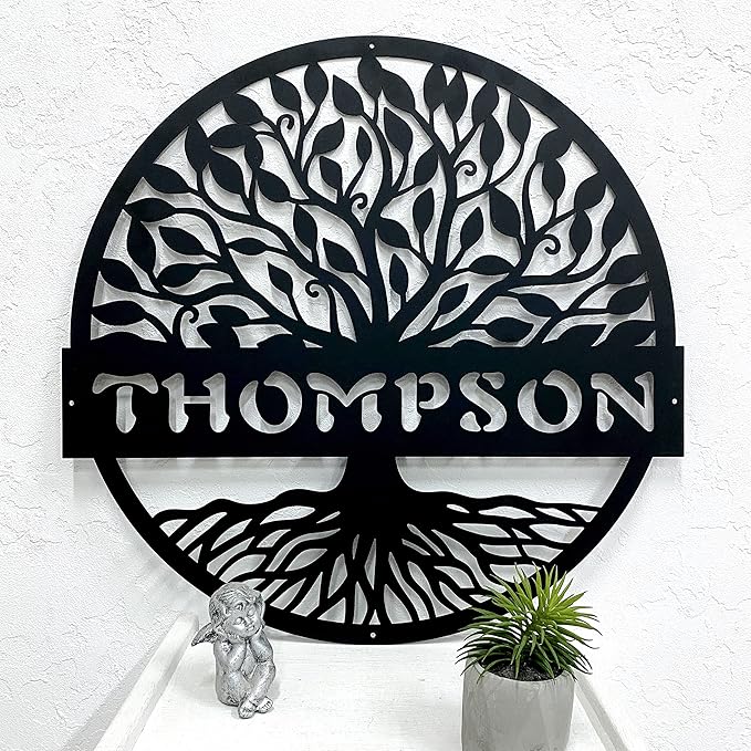 RealSteel Personalized Metal Wall Art - Custom Tree of Life Design with Family Name - Circular Metal Sign - Personalized Wedding, Anniversary, or Housewarming Gift (24")