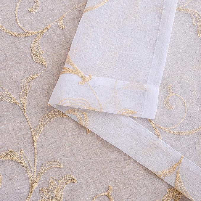 White Sheer Curtains 84 Inches Long, Rod Pocket Sheer Drapes for Living room, Bedroom, 2 Panels, 52"x84", Vintage Beige Floral Patterned Boho Window Curtains for Yard, Patio, Villa, Parlor.