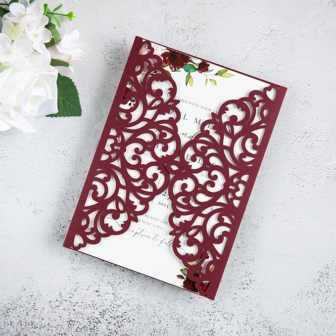 20Pcs Burgundy Laser Cut Invitation Cards With Blank Inner Sheets for Wedding Cards Bridal Shower Engagement Quinceanera Invitation (No Envelopes)