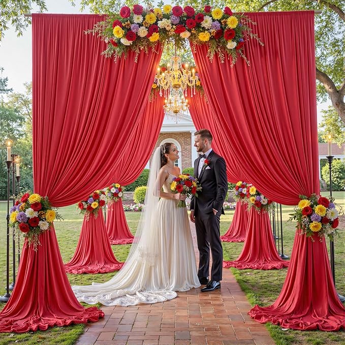 40×12ft Wrinkle Free Red Backdrop Curtain for Wedding Parties,8 Panels 5×12ft Long Soft Silky Polyester Backdrop Drapes Red Photo Back Drop Curtains for Photography Stage Christmas Background Cloth