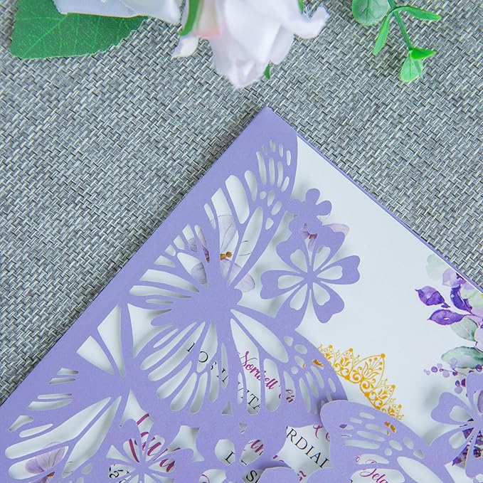 20 PCS 5.12x7.2 Butterfly Personalized Quinceanera Invitation, Customized XV Anos Laser Cut Invitation Cards with Envelopes (Violet Personalized)
