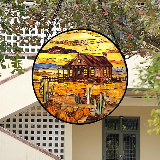 Stained Glass Window Hanging 4 Pcs Set Desert Sunset Theme Landscape 7.8" - Suncatcher Door Garden Sun Catcher Decor Birthday Christmas for Mom Woman Nana Men
