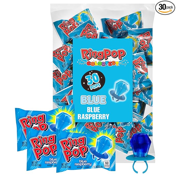 Ring Pop Individually Wrapped Blue Halloween Candy, 30 Ct Bulk Lollipop Pack, Raspberry Flavored Lollipop Suckers for Kids, Fun Candy Bulk for Trick or Treat, Halloween Bowls, Gifts, Party Favors