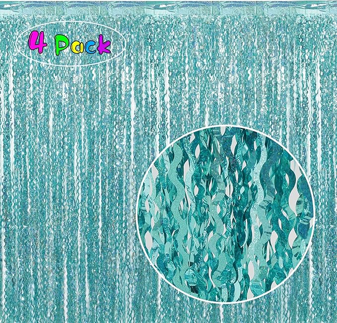 4 Pack 3.3 ft x 6.6 ft Wavy Sparkle Aqua Teal Blue Foil Curtain - Water Blue Foil Streamers for Holiday Bachelorette Ocean Themed Decor Winter Party Decorations Supplies