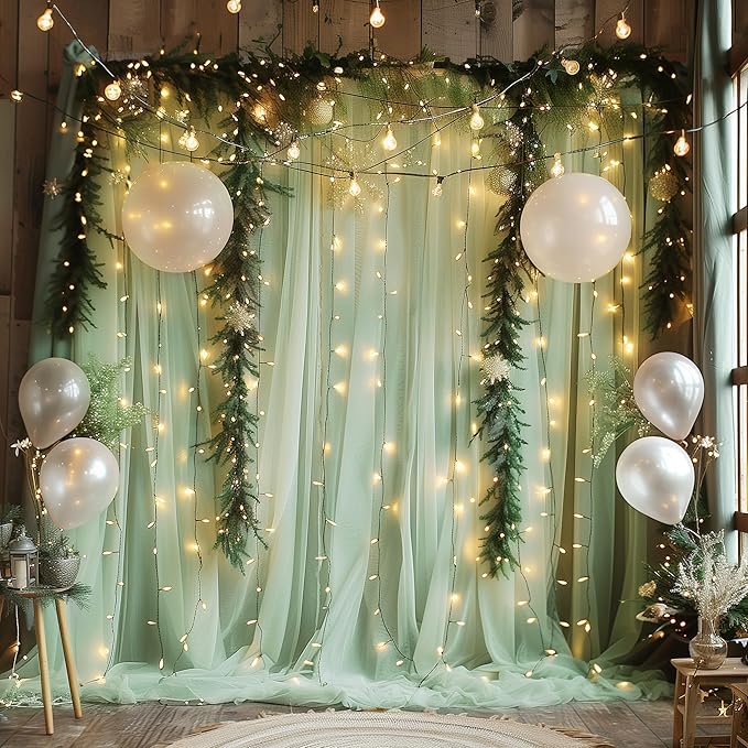 Fomcet Sage Green Tulle Backdrop Curtains with Lights String 10FT X 10FT Sheer Curtain with Lights Tulle Curtains Backdrop for Wedding Birthday Party Photo Shoot (2 Panels 5x10FT)