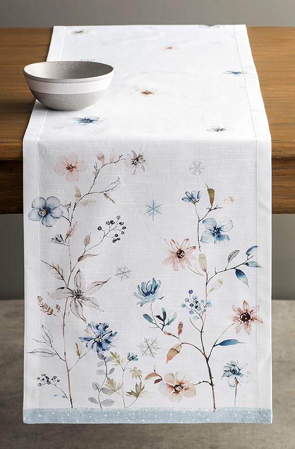Maison d' Hermine Table Runner 100% Cotton Single Layer Table Runners 108 inches Long for Thanksgiving Christmas Decorations Home Kitchen Dining Party Wedding (Ice Florals, 14.5" x 108")
