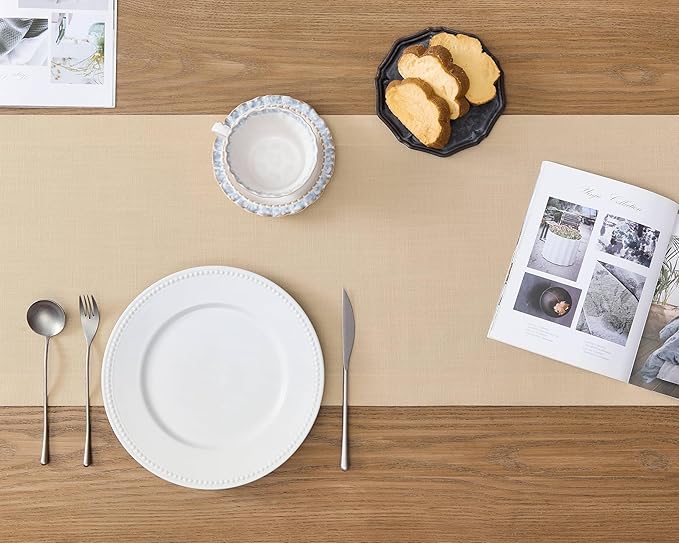 ZeeMart Linen Textured Border Table Runner, 14 x 72 Inch Oatmeal, Farmhouse Style Beige Table Runners 72 Inches Long, Easy Care Everyday Polyester Table Runner