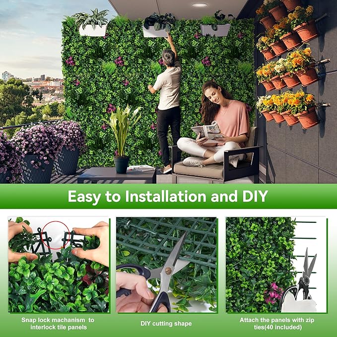 Artificial Grass Wall Panels, 20"x20" 16pcs Grass Backdrop Wall with Mint Plant Leaves, UV-Anti Fake Greenery Plant Boxwood Panels for Privacy Fence Screen, Outdoor Green Wall Decor for Patio Garden