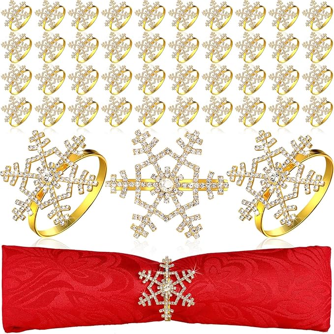 Patelai 48 Pieces Snowflake Napkin Rings Thanksgiving Christmas Napkin Holders Exquisite Household Rhinestone Napkin Rings Set for Christmas Wedding Dinner Party Table Decoration (Gold)