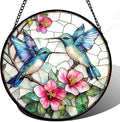 Stained Glass Window Hanging - Blue White Hummingbirds Pink Flowers Suncatcher for Door Terrace Garden Home Decor Bird Sun Catcher Birthday Gifts for Lovers Women Men Dad Mom Nana 15 in