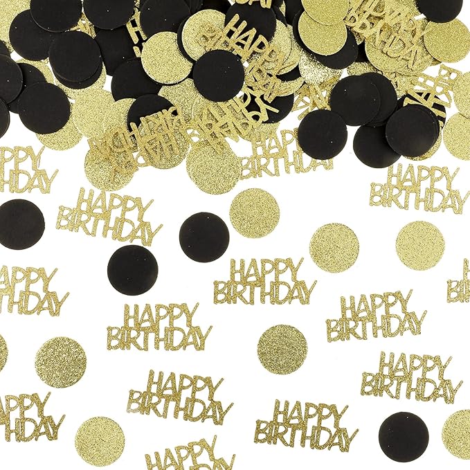 200Pcs Happy Birthday Confetti, Gold Black Birthday Confetti for Table, Metallic Foil Balloon Confettis Scatter Decoration for Party DIY Art Craft