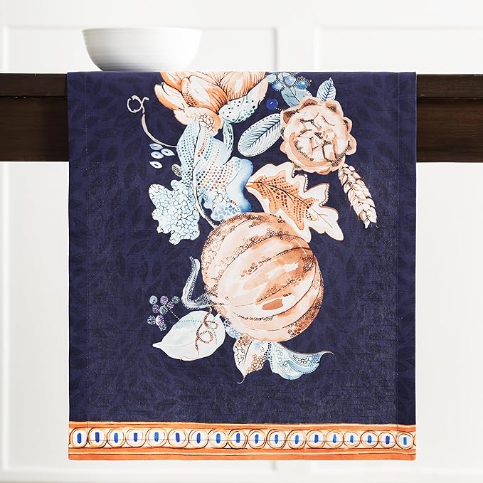 Maison d' Hermine Table Runner 100% Cotton Single Layer Table Runners 72 inches Long for Thanksgiving Christmas Decorations Home Kitchen Dining Party Wedding (Pumpkin Blues, 14.5" x 72")