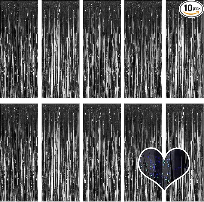 10 Pack Black Backdrop Curtain 3.2ft x 8.2ft Metallic Tinsel Foil Fringe Curtains Photo Booth Background for Birthday Party Decoration Baby Shower Engagement Wedding Christmas Decoration (Black)